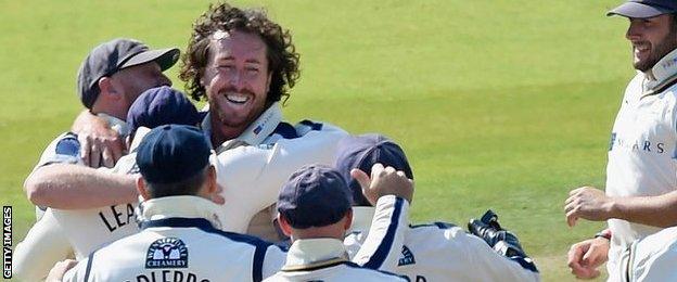 Yorkshire players celebrate a Ryan Sidebottom wicket