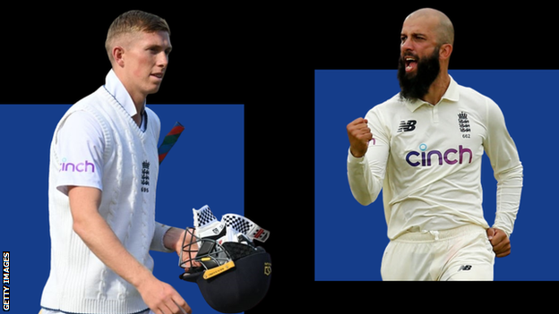 Split picture of Zak Crawley (left) batting and Moeen Ali (right) celebrating a wicket