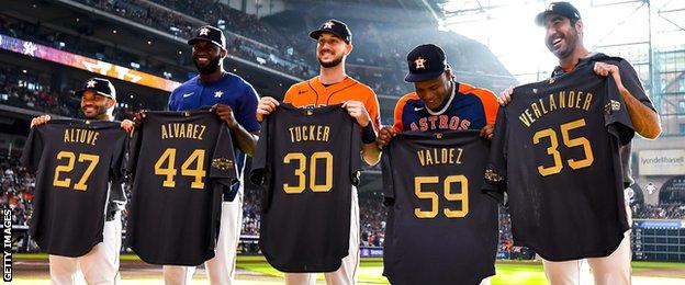 Houston Astros' Jose Altuve, Yordan Alvarez, Kyle Tucker and Justin Verlander