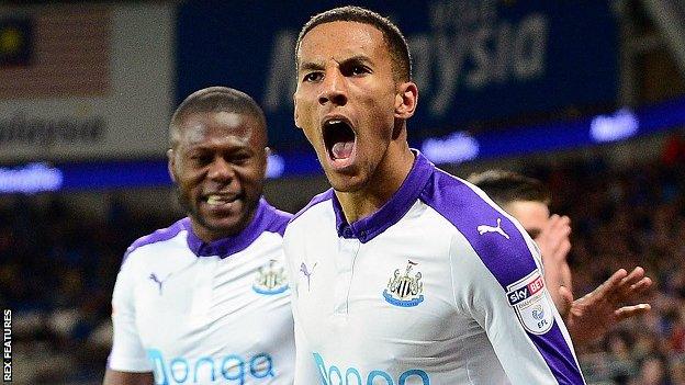 Isaac Hayden celebrates after scoring Newcastle's second goal,