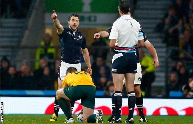 Scotland captain Greig Laidlaw questions Joubert's decision as Bernard Foley prepares to kick Australia in to the World Cup semi-finals