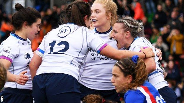 Scotland's Chloe Rollie celebrates a try against Italy in the Six Nations