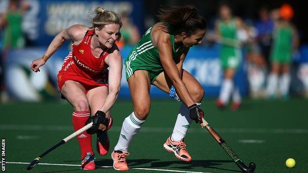 Hollie Pearne-Webb is about to challenge Ireland's Anna O'Flanagan in a World League game in 2017