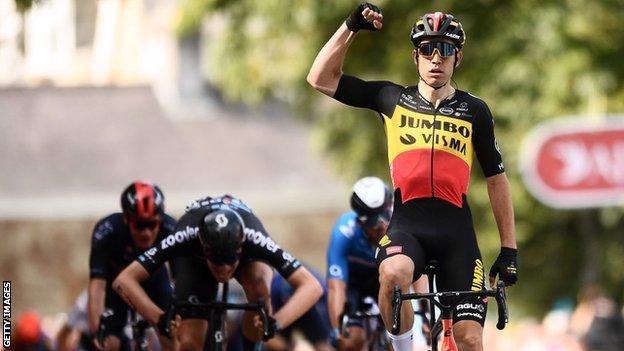 Wout van Aert celebrates winning stage one of the Tour of Britain