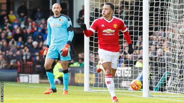 Memphis Depay celebrates scoring a goal for Manchester United against Watford in November 2015