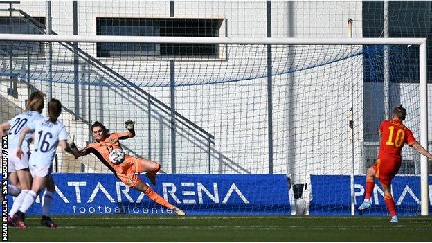 Jess Fishlock scores a penalty for Wales against Scotland