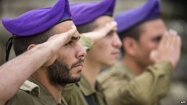 A bearded Israeli soldier saluting alongside a clean-shaven colleague