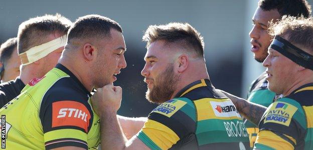 Leicester's Ellis Genge (left) and Kieran Brookes of Northampton go head to head