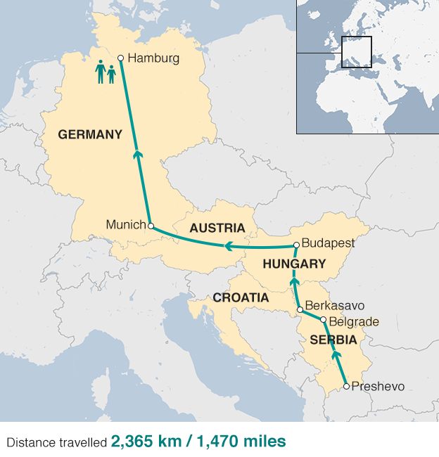 A map showing the route that John Sweeney took to try to find Azam - from Preshevo in the south of Serbia to Munich in the north of Germany. It's a total of 2,365km