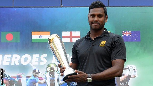 Sri Lanka captain Angelo Mathews with the ICC Champions Trophy