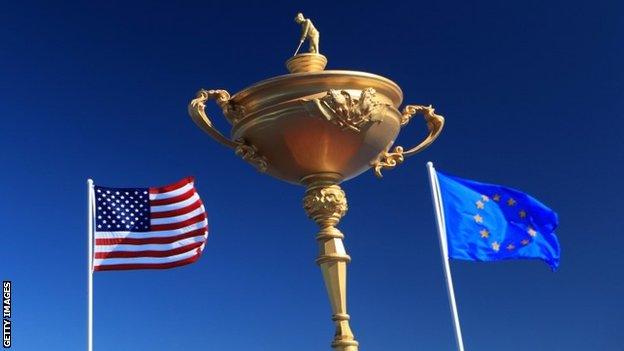 Rdyer Cup trophy with US and Europe flags