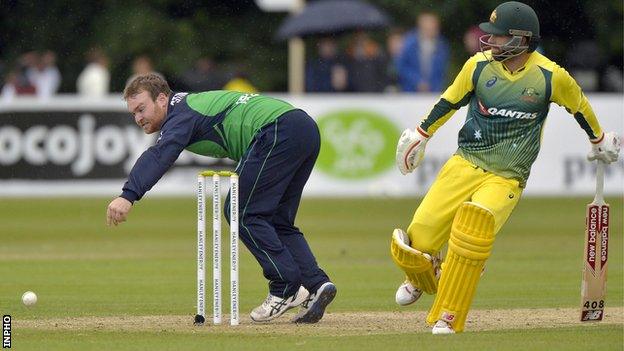 Ireland's Paul Stirling and Australia batsman Matthew Wade in action in the Stormont ODI in August