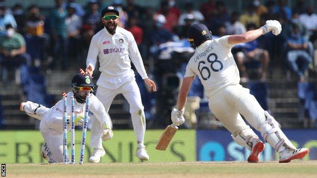 Dan Lawrence is stumped by Rishabh Pant