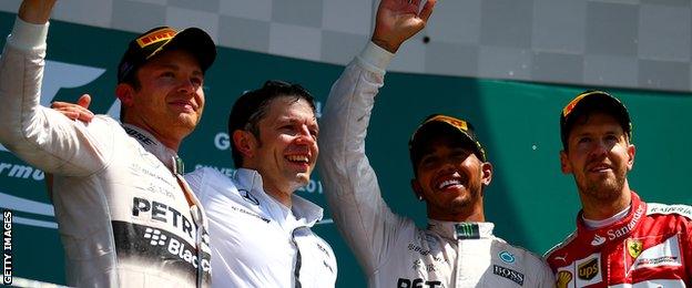 Lewis Hamilton, Nico Rosberg and Sebastian Vettell on the podium after British GP