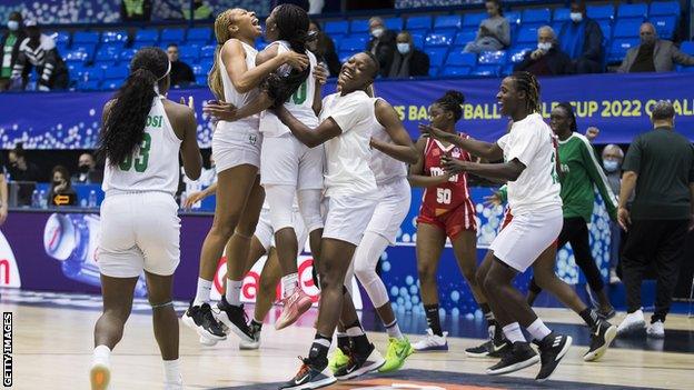 Nigeria celebrating qualifying for the 2022 Women's Basketball World Cup