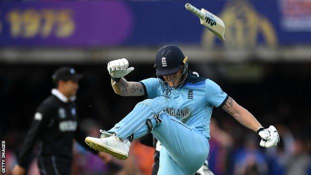 England's Ben Stokes kicks his bat in the air after failing to win the Cricket World Cup final in regulation