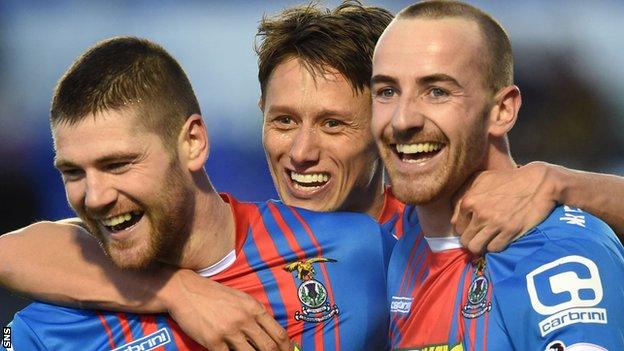 Ian Vigurs, Danny Williams and James Vincent celebrate with Caley Thistle