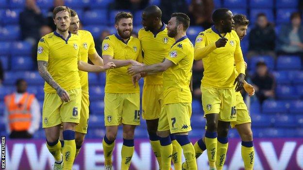 Leeds players celebrate Stuart Dallas' opener against Birmingham