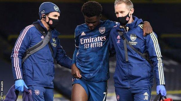 Arsenal's Bukayo Saka was injured against Leeds United