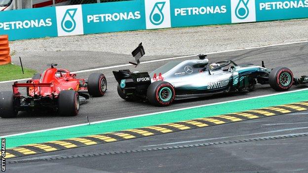 Lewis Hamilton and Sebastian Vettel make contact on the first lap of the Italian GP in Monza