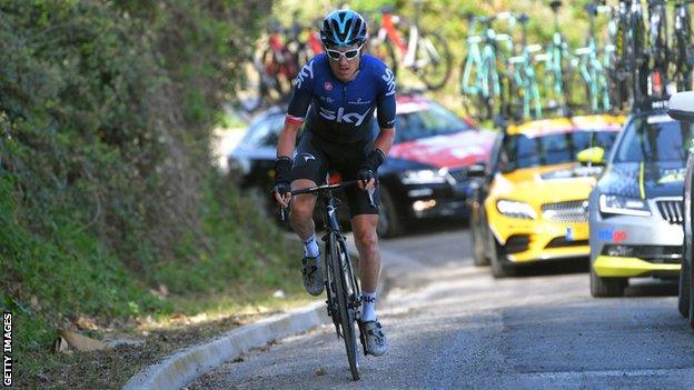 Team Sky rider Geraint Thomas on a climb during the Tirreno-Adriatico stage race