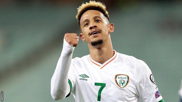 Callum Robinson celebrates after scoring his second goal in Baku