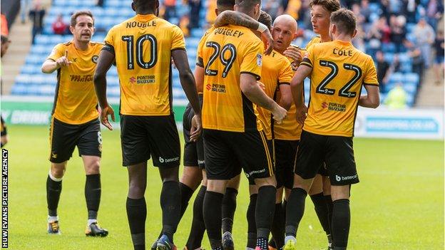 Newport celebrate their winning goal