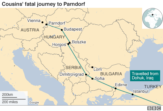 Map from Turkey to Austria