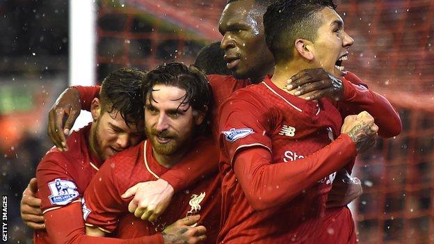 Joe Allen (second left) celebrates his equaliser in Liverpool's 3-3 draw with Arsenal in January 2016