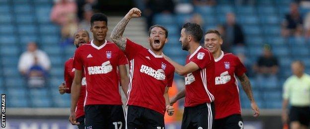 Joe Garner (centre) has been in impressive form for Ipswich Town