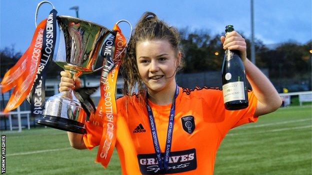 Glasgow City's Clare Shine celebrate with the Scottish Women's Cup