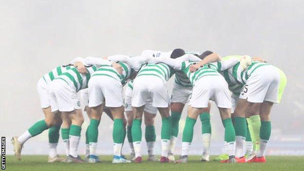 Celtic do the huddle before the League Cup final with Rangers