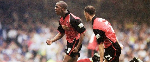 Walsall's Darren Byfield celebrates his promotion-winning strike against Reading in the 2001 Division Two play-off final with team-mate Matthew Gadsby