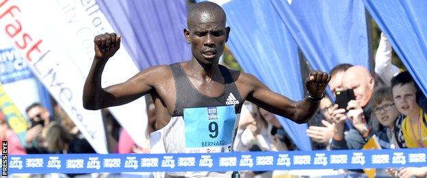 Kenyan Bernard Rotich is about to cross the finishing line in Belfast