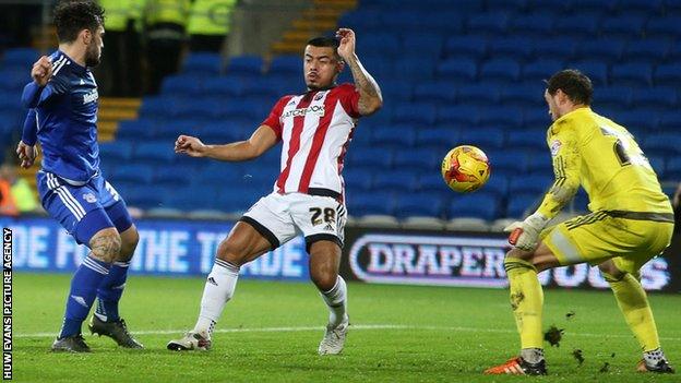 Tony Watt scores Cardiff City's opening goal against Brentford