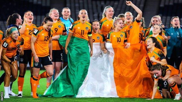 The Republic of Ireland celebrate at Hampden Park following their World Cup play-off win