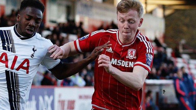 Nathan McGinley (right) in action for Middlesbrough against Tottenham in the Under-21 Premier League