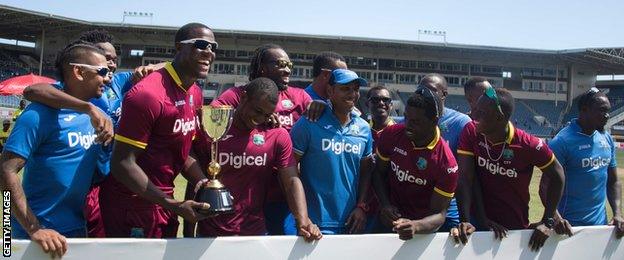 West Indies with the Twenty20 trophy