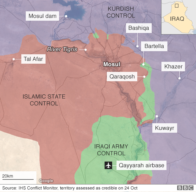 Map showing Iraqi and Kurdish advances on Mosul