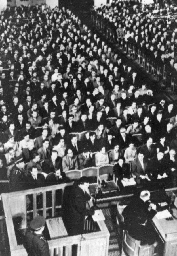 Francis Gary Powers in the dock in a packed Moscow courtroom