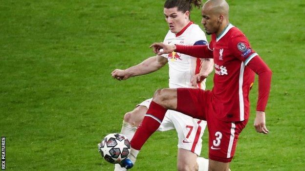 Fabinho challenges RB Leipzig's Marcel Sabitzer