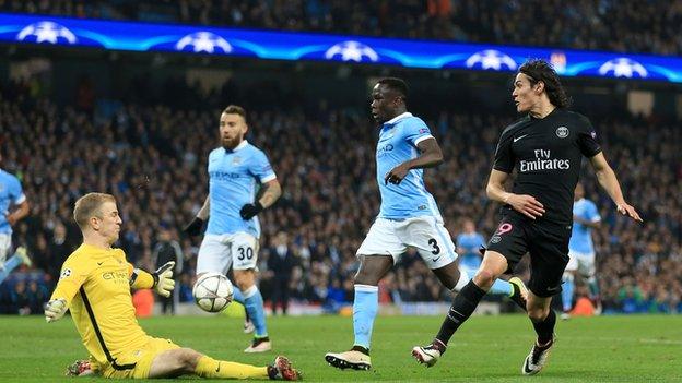 Joe Hart saves from Edinson Cavani