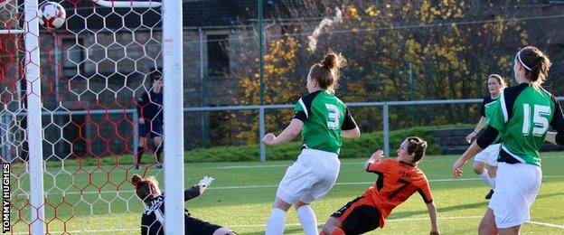 Abbi Grant (number 7) scores the opening goal in Glasgow City's 3-0 win over Stirling University