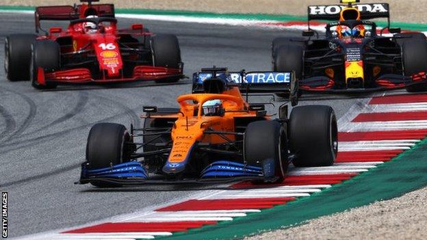 Daniel Ricciardo leads from Sergio Perez and Charles Leclerc