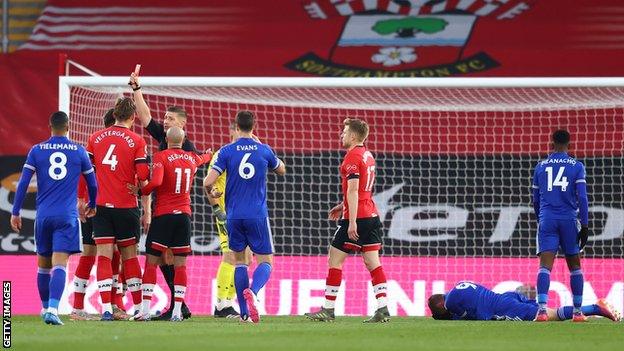 Jannick Vestergaard is shown a red card