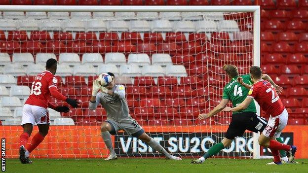 Ryan strikes at goal for Nottingham Forest against Birmingham