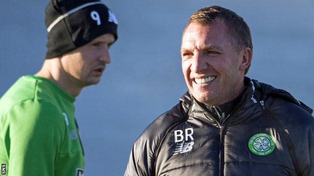 Celtic's Leigh Griffiths and Brendan Rodgers