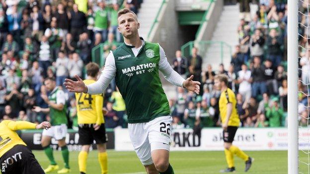 Hibernian's Florian Kamberi celebrates after scoring to make it 2-0