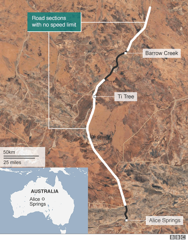 Map showing the Stirling Highway between Alice Springs and Barrow Creek