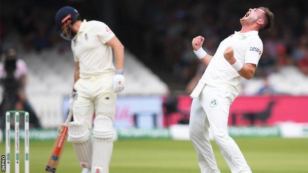 Mark Adair celebrates taking one of his six wickets against England in the Lord's Test in 2019